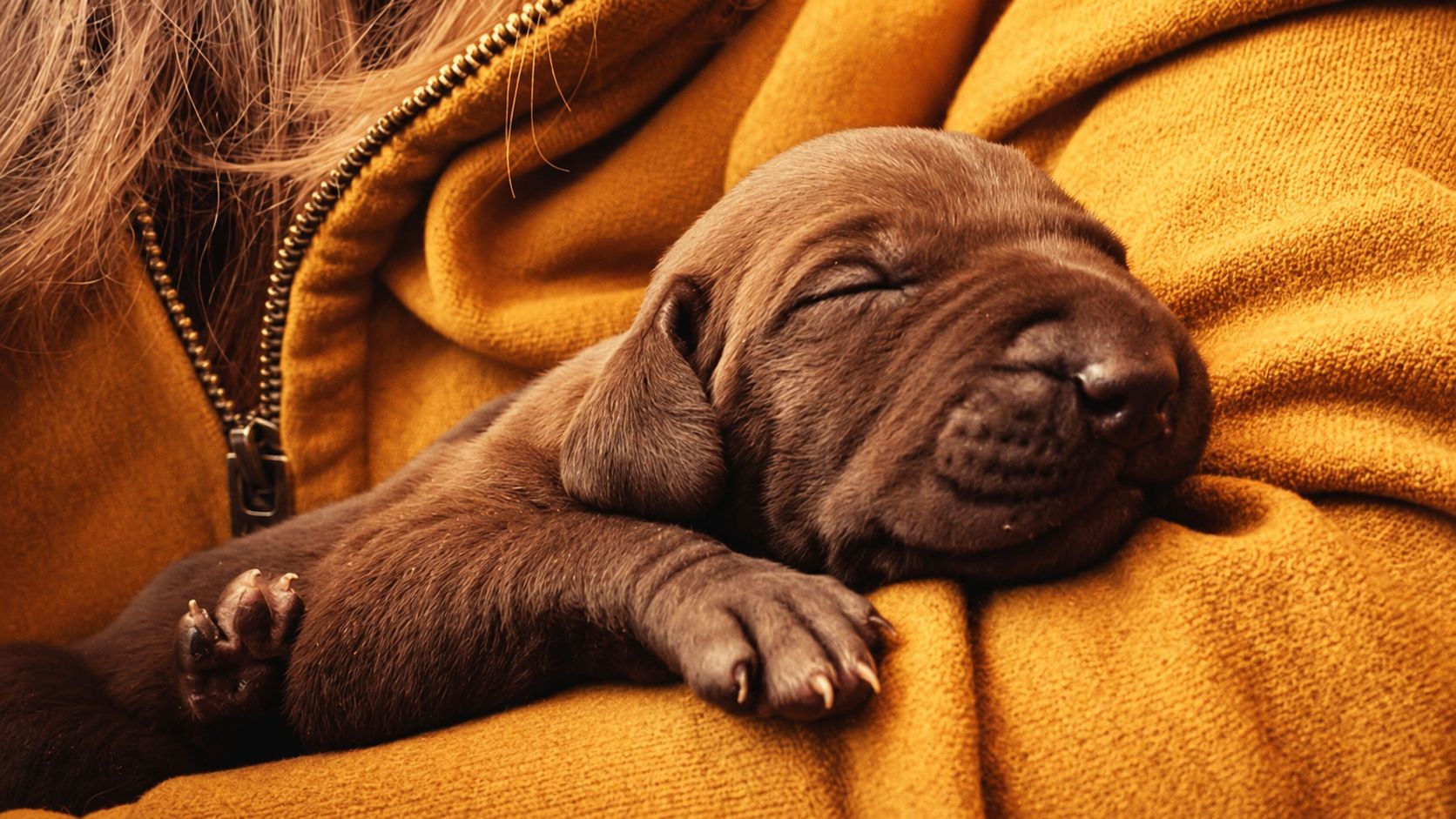 A brown puppy asleep in its owner's yellow jumper